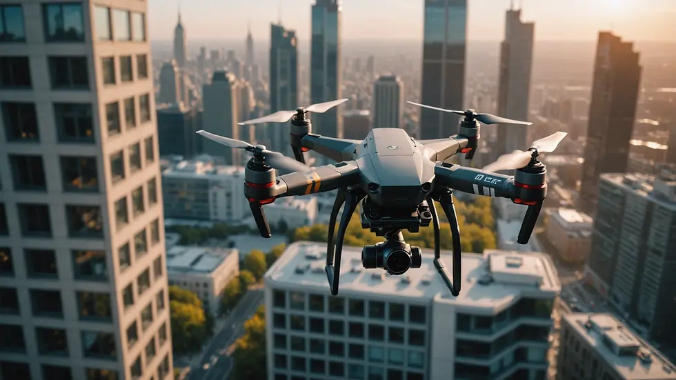 Eye-level view of a drone flying near a tall building