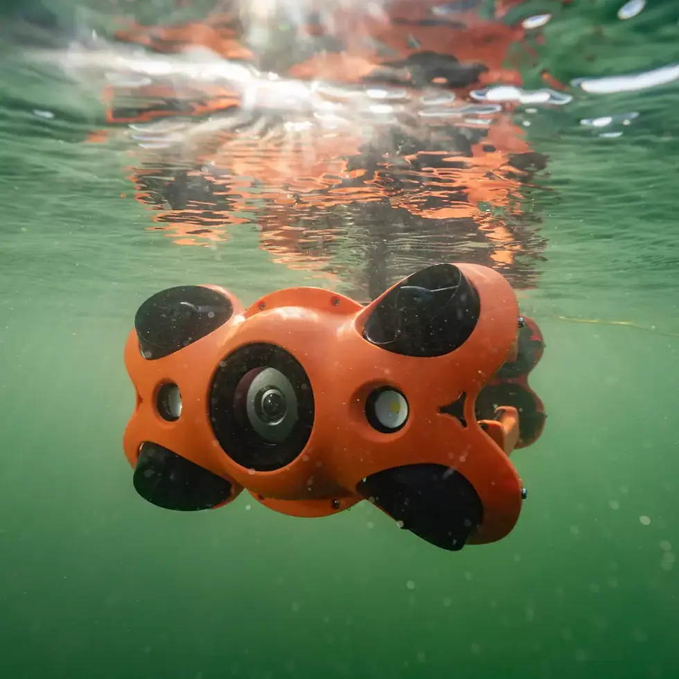 Orange underwater drone moving through green water, with sunlight reflecting on the surface, creating a serene and exploratory mood.