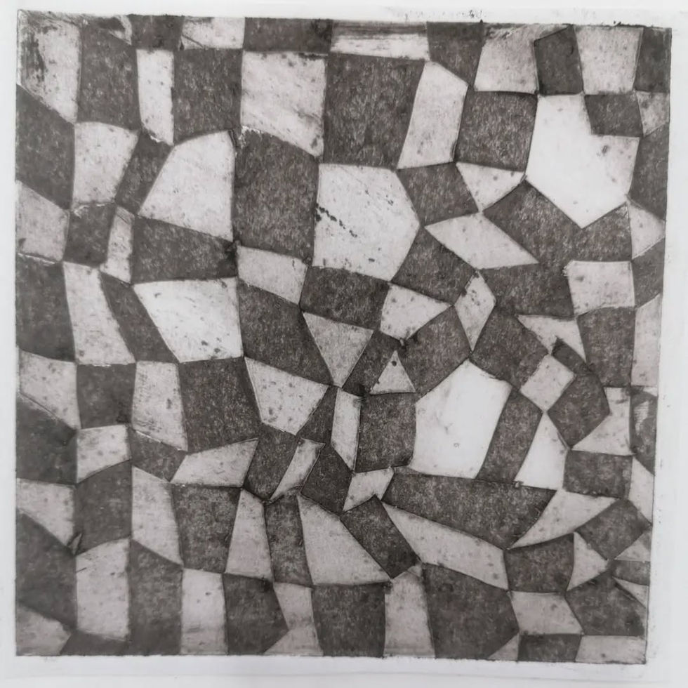 Untitled (2020), Engraving in cardstock, shellac varnish, oil based ink print on paper. By Phoebe Burrill Parkinson