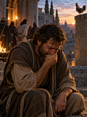Peter weeping bitterly after denying Jesus three times, with a rooster nearby at sunrise in Jerusalem