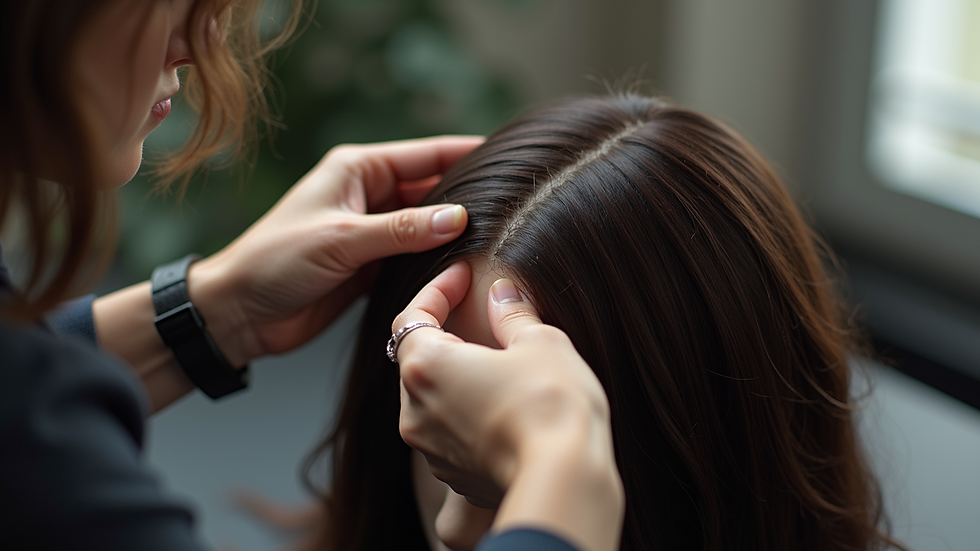 Close-up view of a wig maker sewing hair strands onto a wig cap