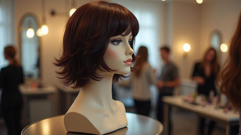 High angle view of a wig displayed on a mannequin head in a salon