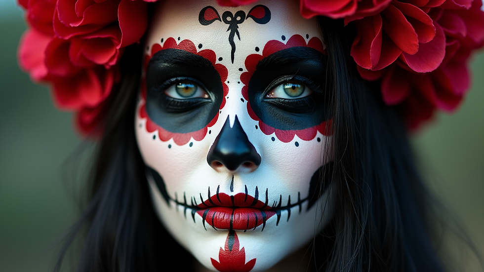 Close-up view of Catrina makeup showing skull face paint and floral details