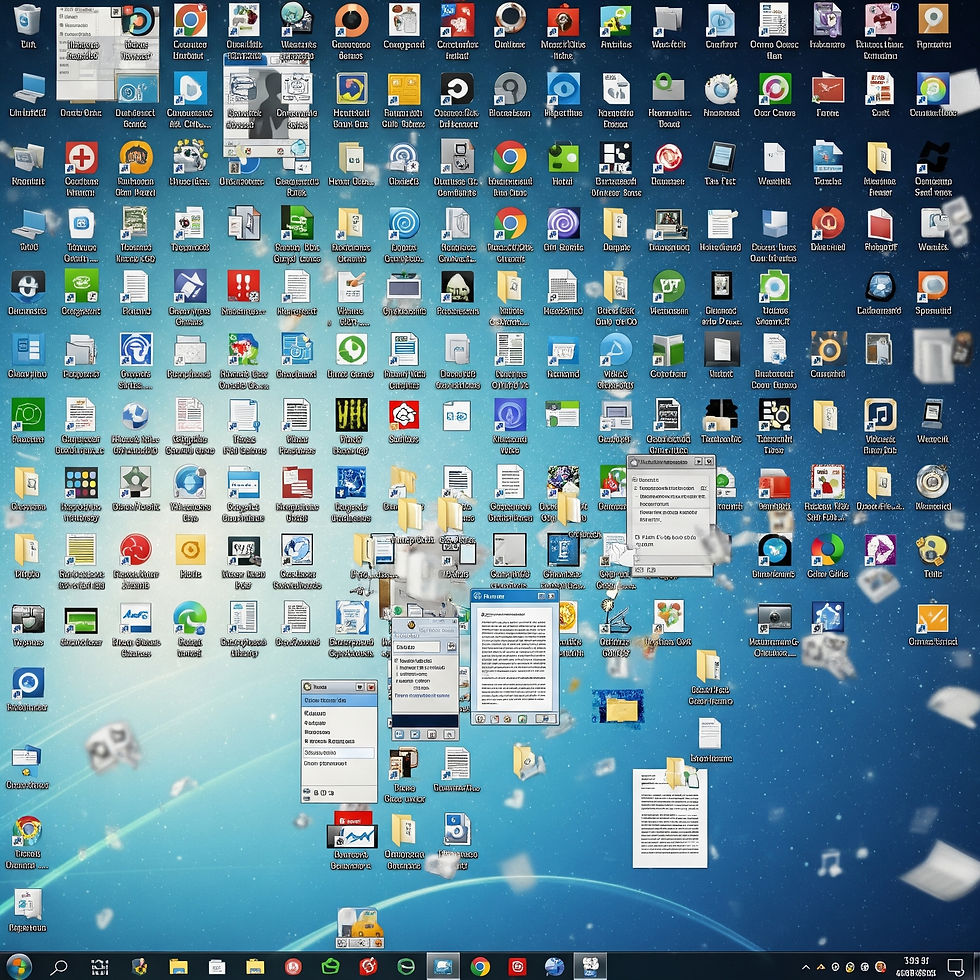A cluttered computer desktop with numerous icons and folders over a blue space-themed background. Multiple open windows with text visible.