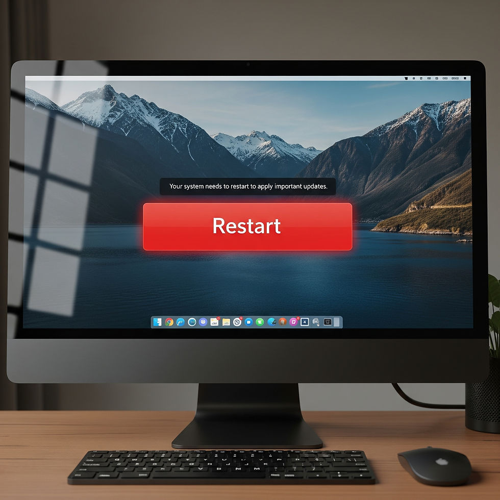 Computer screen showing a red "Restart" button over a mountain lake wallpaper, signaling a system update. Desk setup with keyboard and mouse.