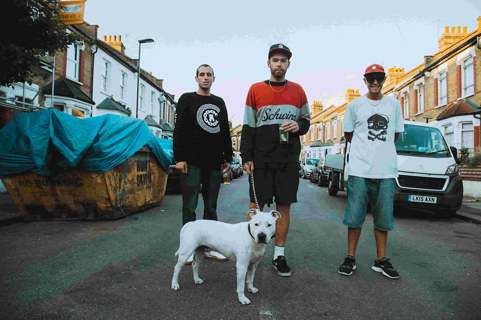 Dead Players stood in a residential road, with a pitbull on a leash.