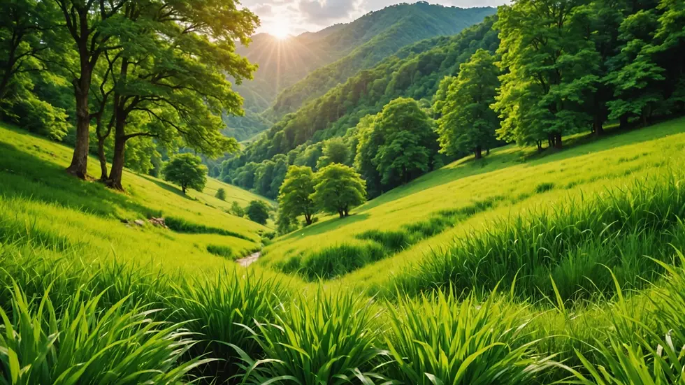 Eye-level view of calming natural landscape with lush greenery