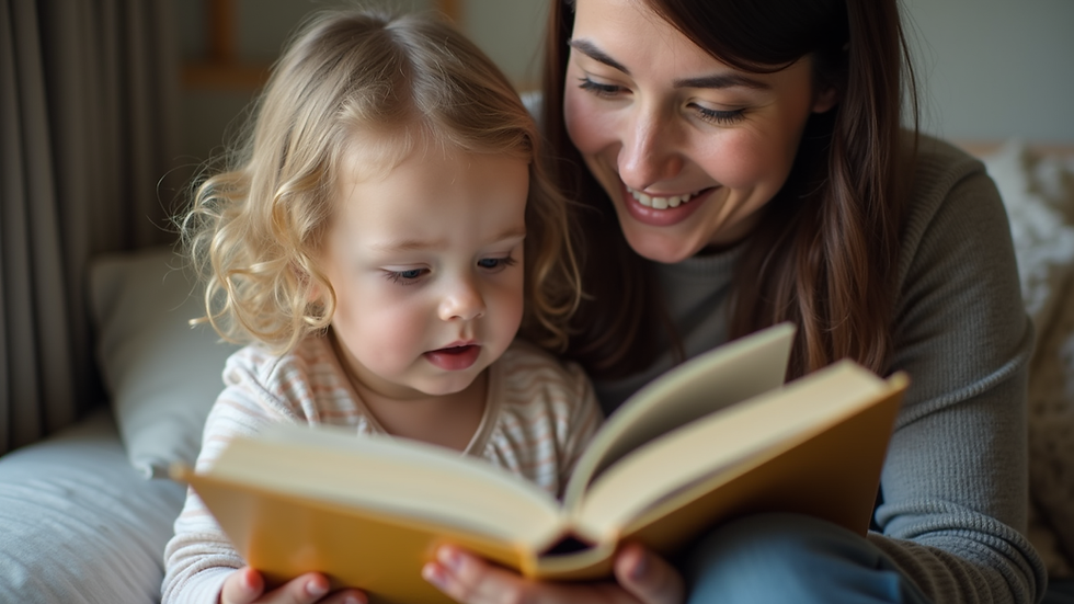 Close-up view of a mother reading a book to her child