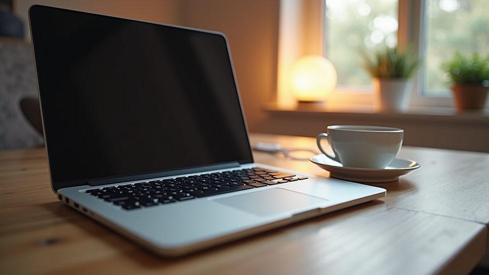 Eye-level view of a cozy home workspace with a laptop and a cup of tea