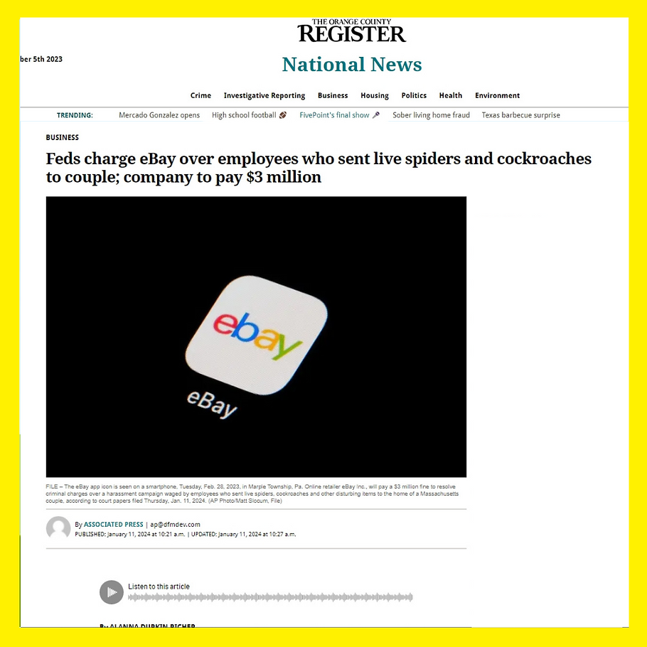 多大仇?联邦政府指控eBay员工将活蜘蛛和蟑螂寄给一对夫妇