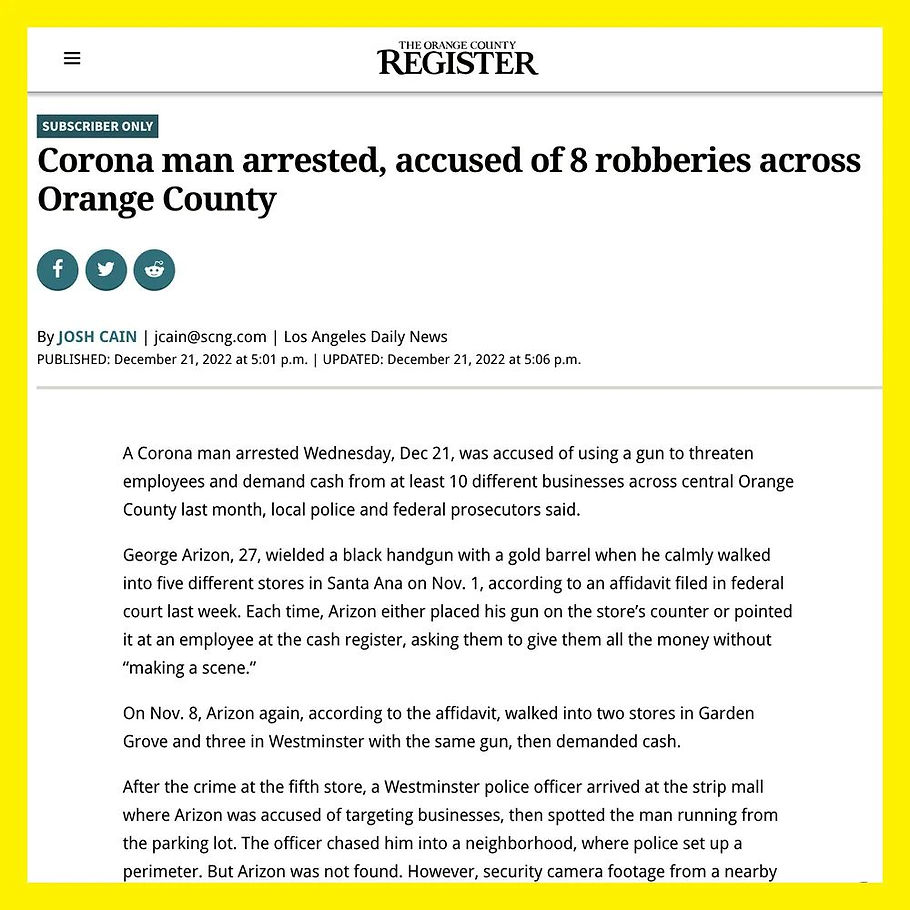 冷面劫匪横跨橙县持枪打家劫舍作案10起,今日被捕