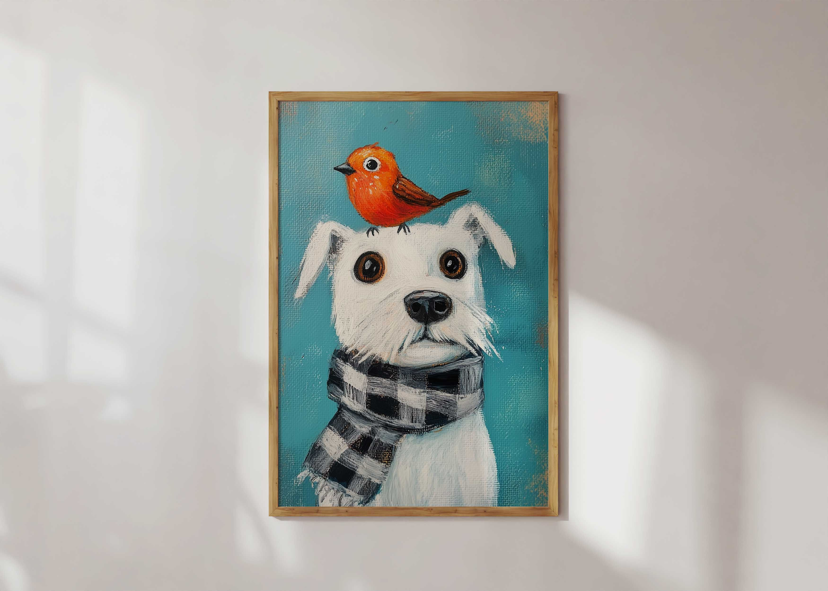 Modern Dog Art Print Terrier Dog with Bird Painting Colorful
