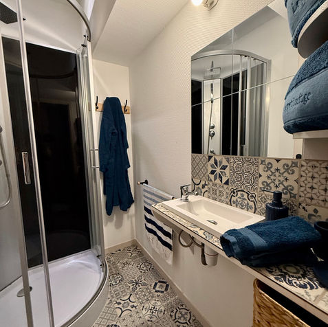 Cette salle de bain, située au cœur de la chambre “Le Cabanon”, séduit par son ambiance chaleureuse et ses tons bleus apaisants. Le sol et la crédence sont décorés de carreaux de ciment aux motifs variés, mêlant des dessins géométriques et floraux pour un style authentique et méditerranéen.
Un douche arrondie à parois vitrées occupe élégamment un coin de la pièce, optimisant l’espace. Le plan de lavabo finement orné des mêmes carreaux ajoute une touche de continuité et d’harmonie.

Des serviettes et accessoires assortis en bleu marine apportent une note de confort, tandis qu’un porte-serviette mural et des patères en bois assurent une organisation pratique. Le panier en osier sous le lavabo renforce le charme naturel du lieu. L’éclairage doux, avec son spot orienté vers le miroir, crée une atmosphère cosy et relaxante, parfaite pour un moment de détente après une journée de découverte.