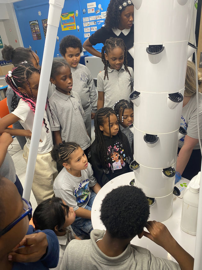 Third grade students working on hydroponics tower with Ms. Callahan.