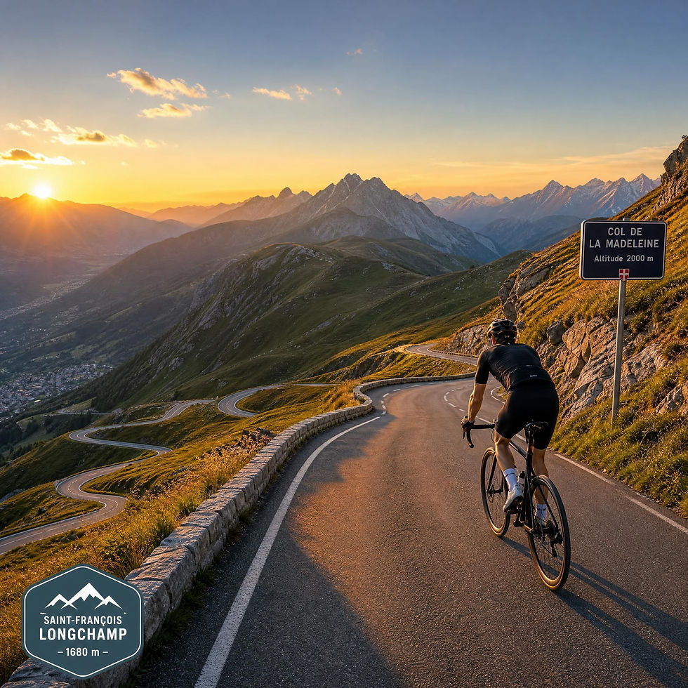 Cycliste en ascension sur les lacets du Col de la Madeleine au coucher du soleil, vue panoramique sur les Alpes savoyardes depuis Saint-François-Longchamp à 1680m d'altitude