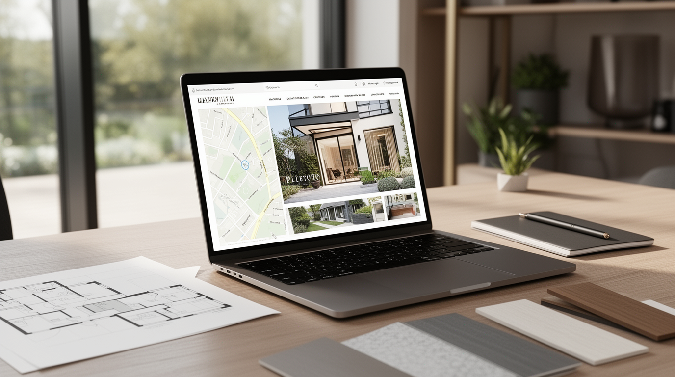 Professionele makelaarswebsite met woningpresentatie op laptop