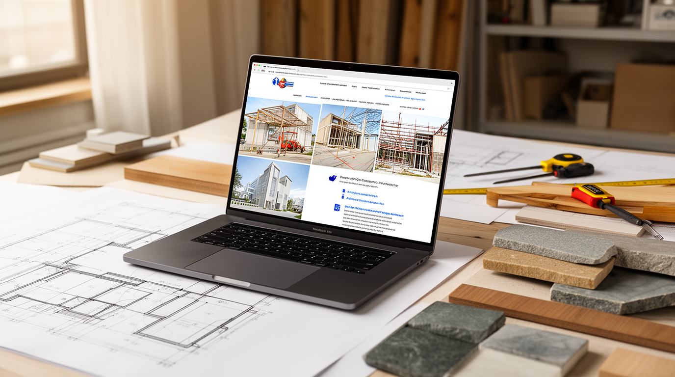 Professionele aannemerswebsite naast bouwtekeningen en materialen
