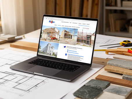Professionele aannemerswebsite naast bouwtekeningen en materialen