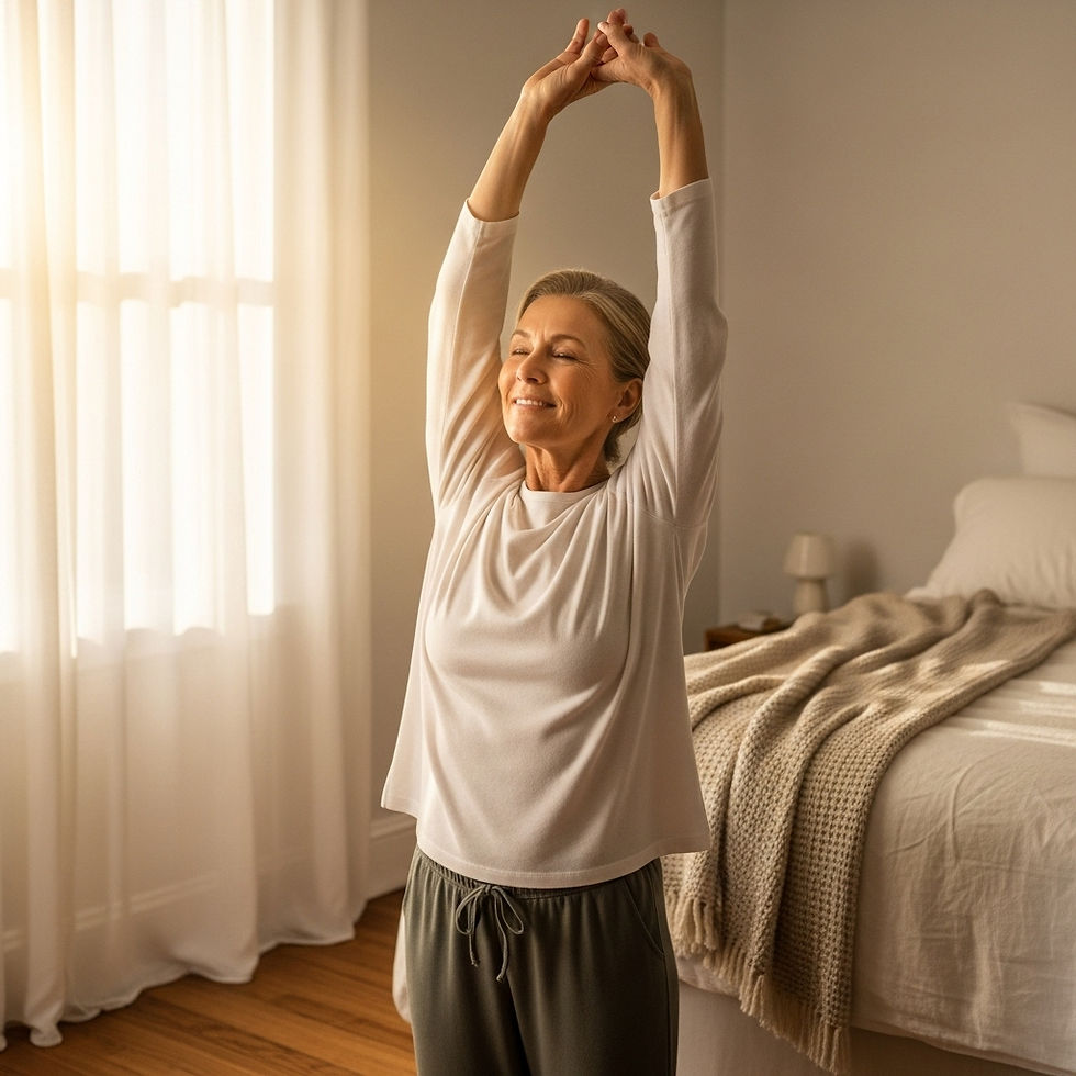 A smiling adult over 50 stretching in morning sunlight, embodying energy and calm