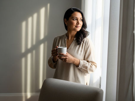 A professional woman gazes out a softly lit window in quiet reflection, holding a mug with gentle posture