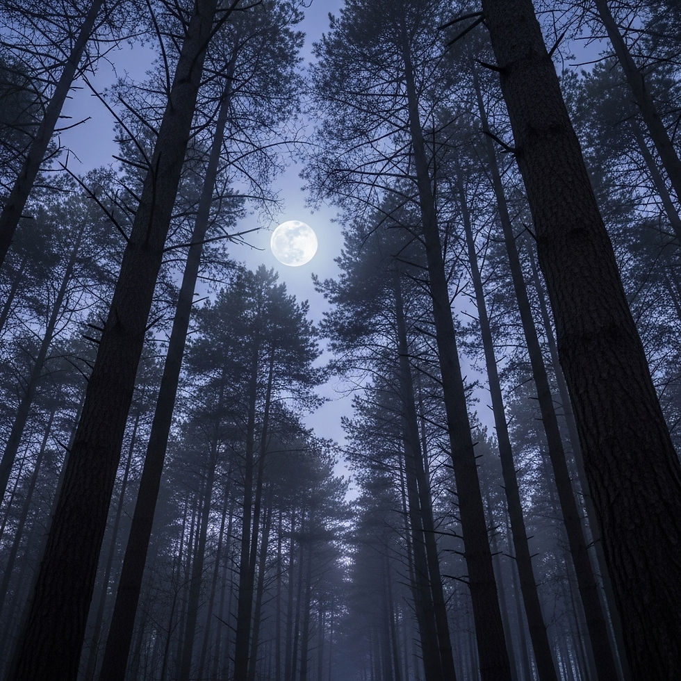 A glowing full moon rising behind forest trees with gentle mist surrounding it