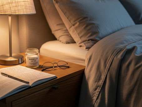 Soft-lit bedroom featuring a journal and magnesium lotion on a nightstand, evoking evening calm