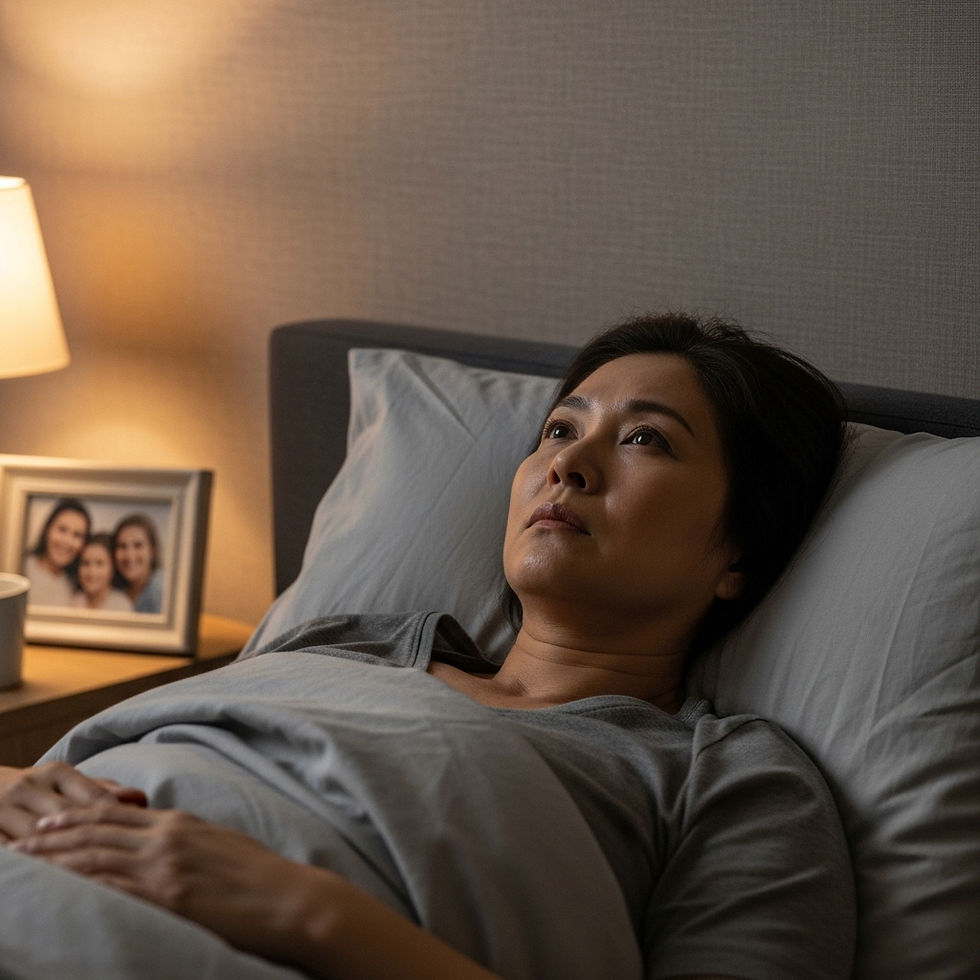 A tired but alert woman lying in bed at night, staring at the ceiling in a dimly lit room