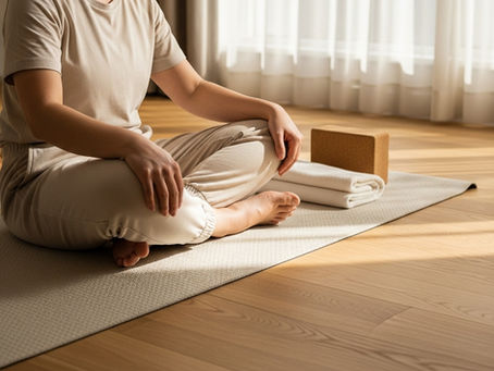 Person smiling in recovery mode on yoga mat, post-stretch.