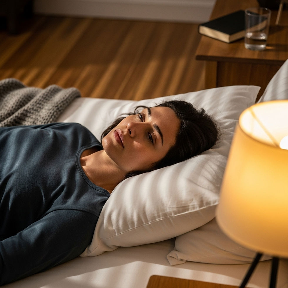 Woman lying awake in bed under warm-toned bedroom lights, representing exhaustion and restless sleep