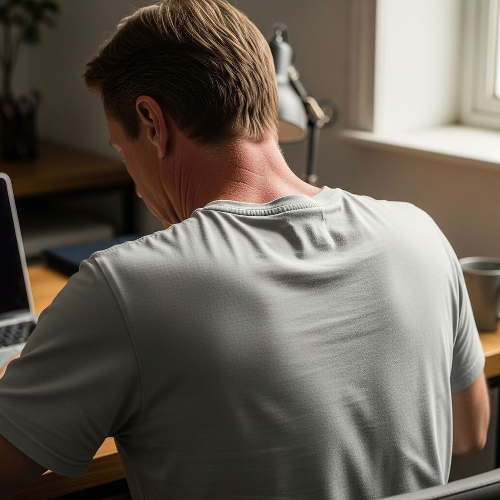 Close-up of tense shoulders, hinting at physical symptoms of stress in natural light