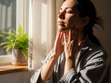 A woman gently massaging her jawline in soft morning light, symbolizing relief from jaw tension.