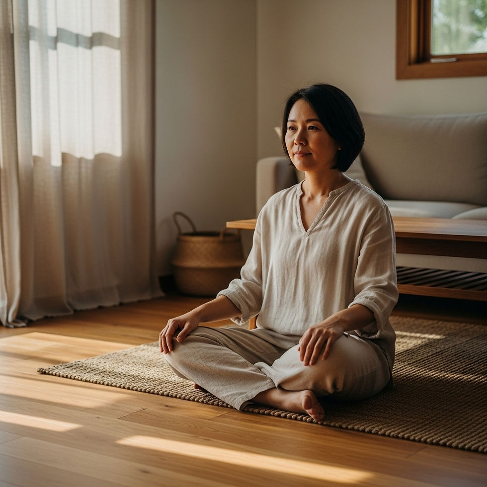 A relaxed mother sitting mindfully on the floor, in soft lighting, with calm posture and ease