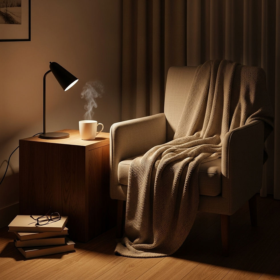 Cozy nighttime ritual scene with tea, blanket, and muted lighting for relaxation