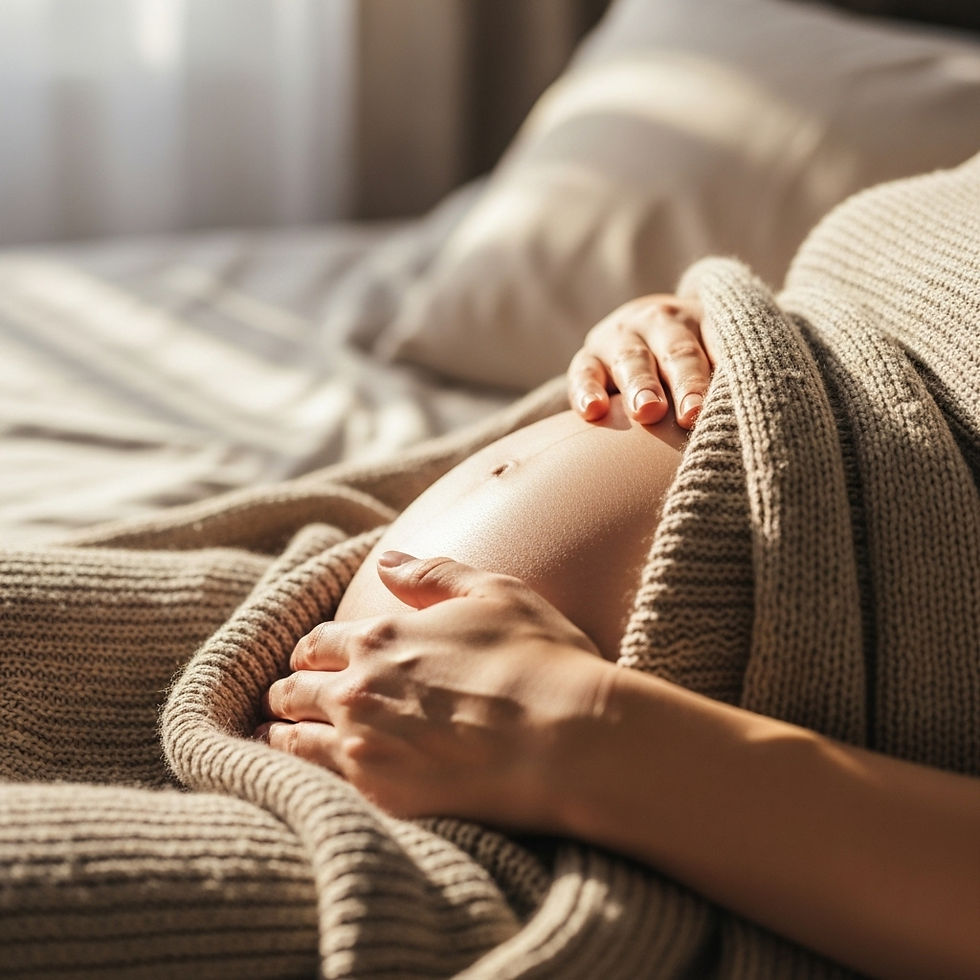Close-up of a calm hand resting on a pregnancy belly with a cozy knit blanket, symbolizing warmth and quiet support
