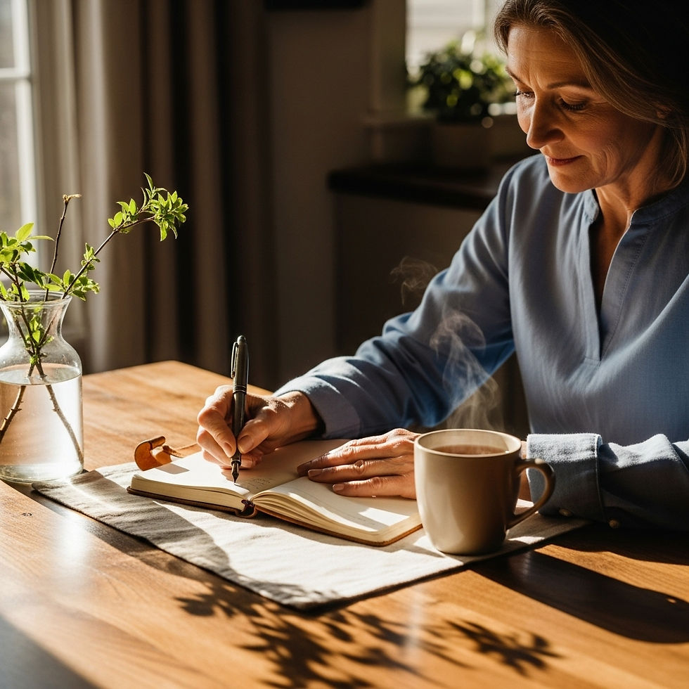 Older woman journaling with a warm cup of tea in morning sunlight
