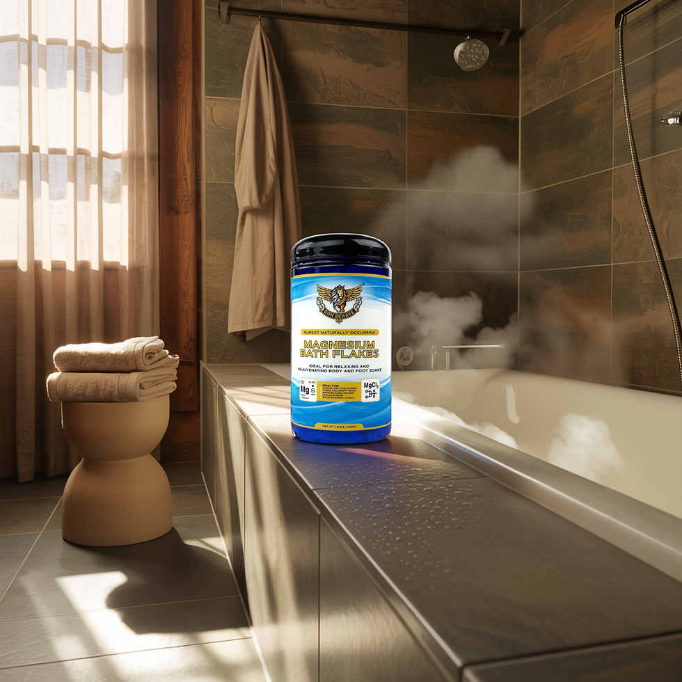 Warm, cozy bathroom with a soaking tub and OOH BEHAVE magnesium jar nearby, reflecting ease and routine.