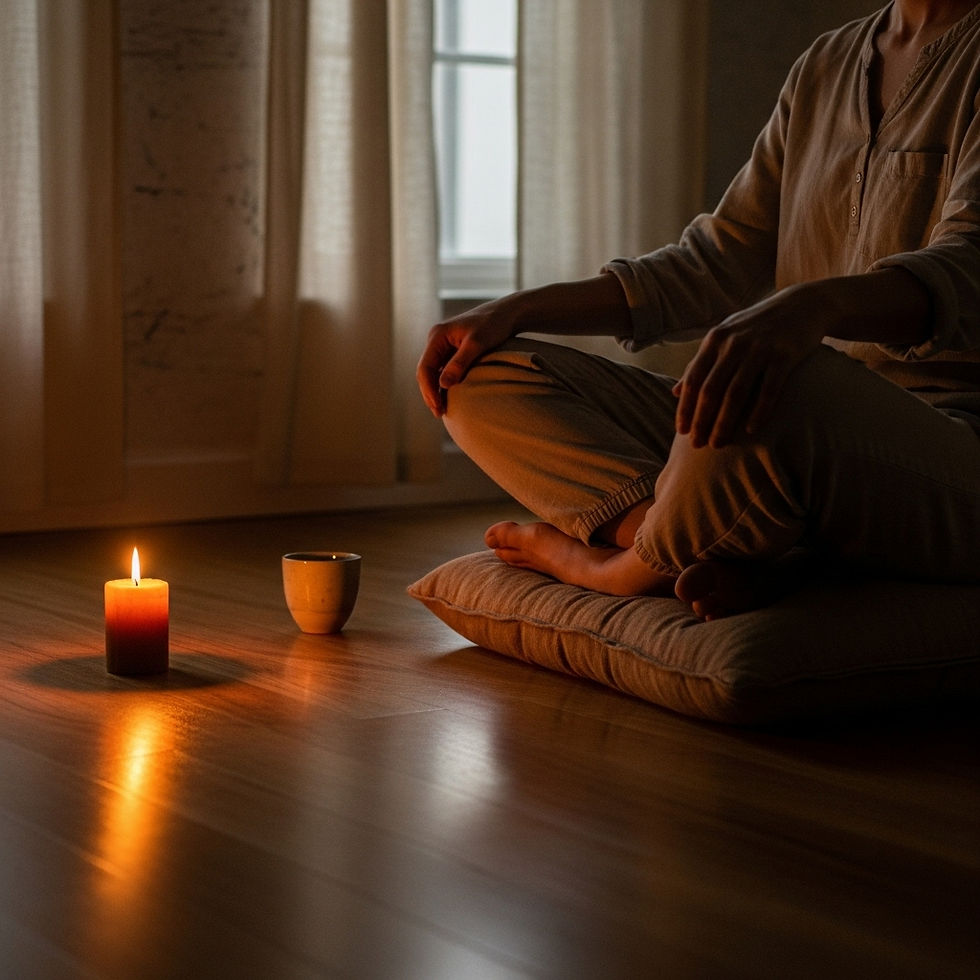Candlelit meditation setting with a person quietly seated next to a magnesium oil bottle, evoking serenity