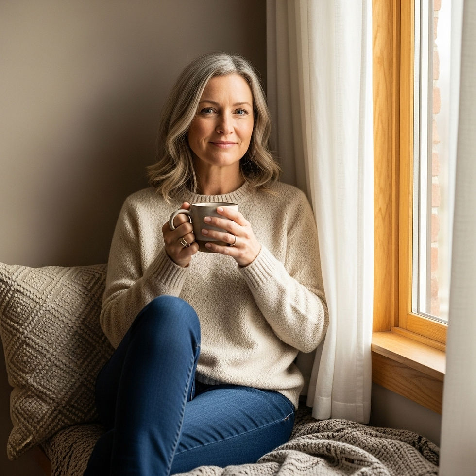 Woman in her 50s sitting peacefully near a window with tea, in soft morning light