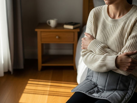 Woman sitting in morning light, wrapped in a cozy sweater with a heating pad over her belly—reflecting the relationship between stress and period pain