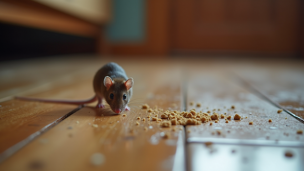 Close-up view of rodent droppings on a wooden floor