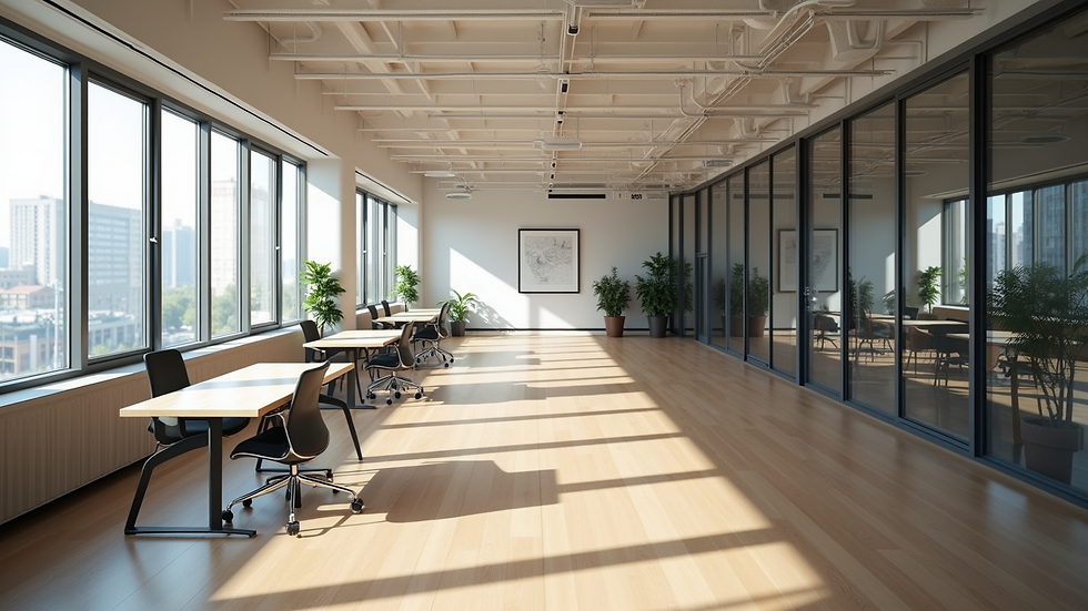 High angle view of a spacious office rental with natural light and modern design
