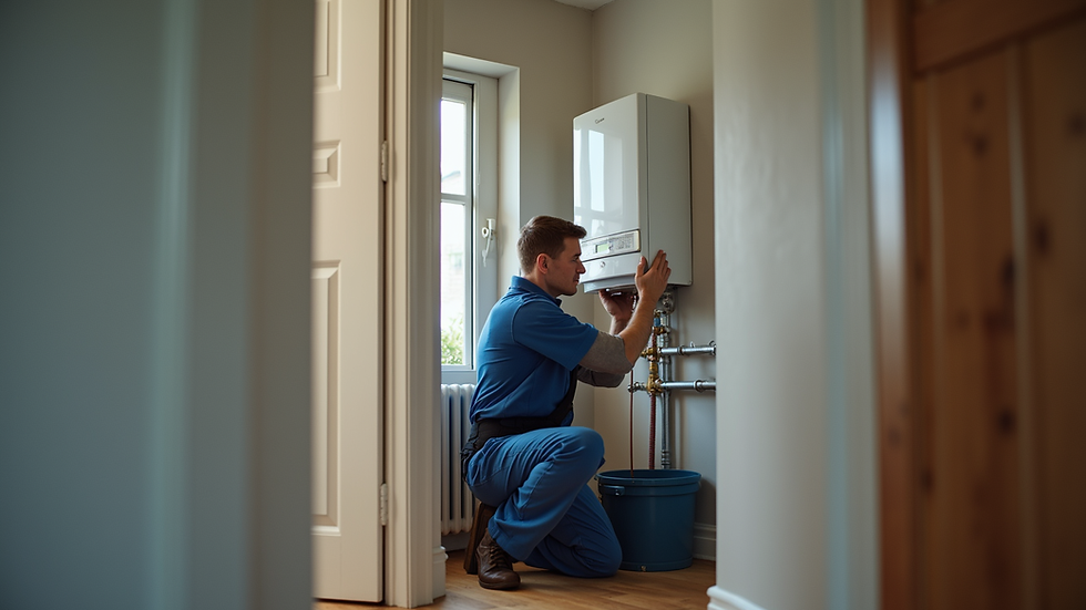 Eye-level view of a plumber installing a boiler in a residential property