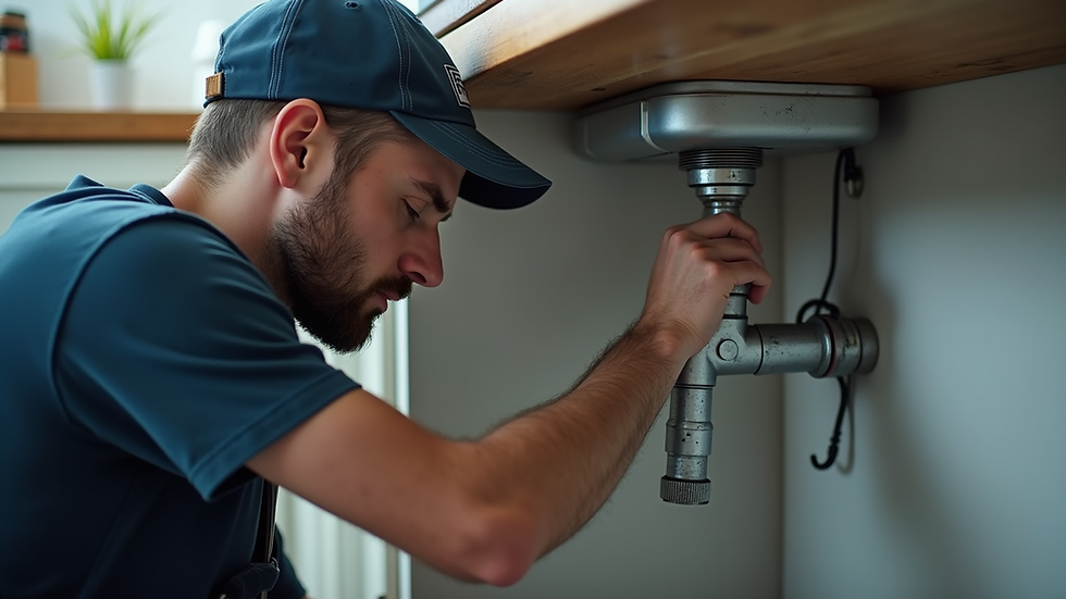 Close-up view of a plumber fixing a leaking pipe under a kitchen sink