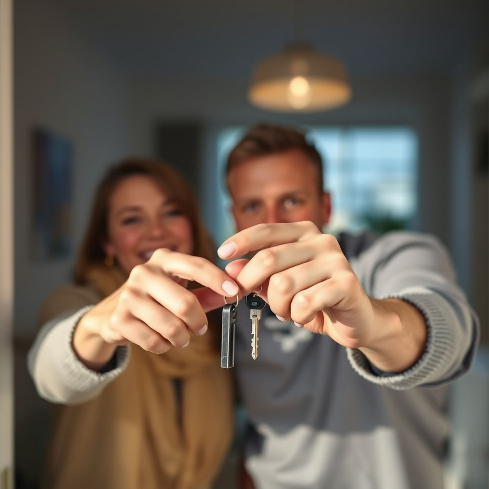 Happy homeowners holding up house keys after securing mortgage financing.