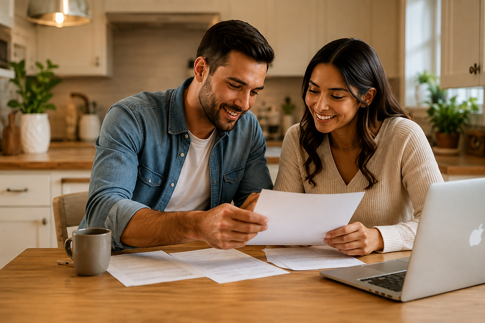 Couple reviewing home mortgage documents and financial plans at kitchen counter with laptop.