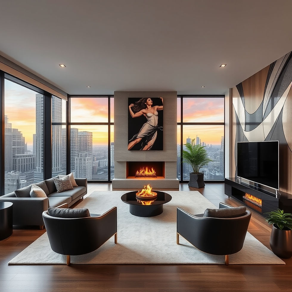 Elegantly furnished luxury penthouse living room overlooking city skyline.