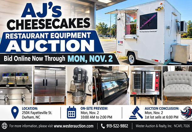 AJ's Cheesecakes Restaurant Equipment Auction, NC