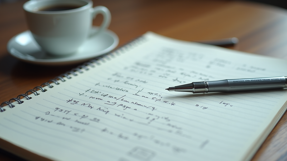 Close-up view of a notebook with algorithm notes and a pen