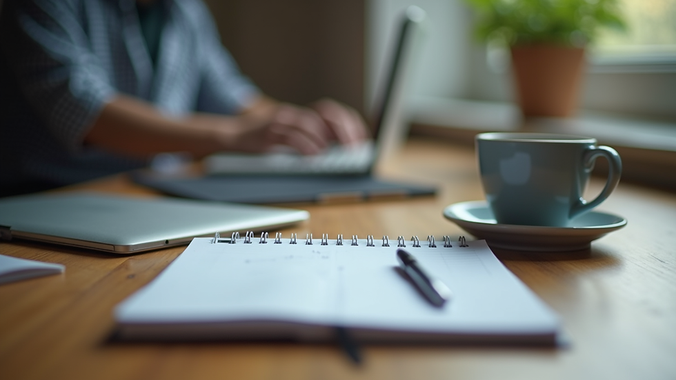 Close-up view of a developer's desk with a notebook and a coffee cup