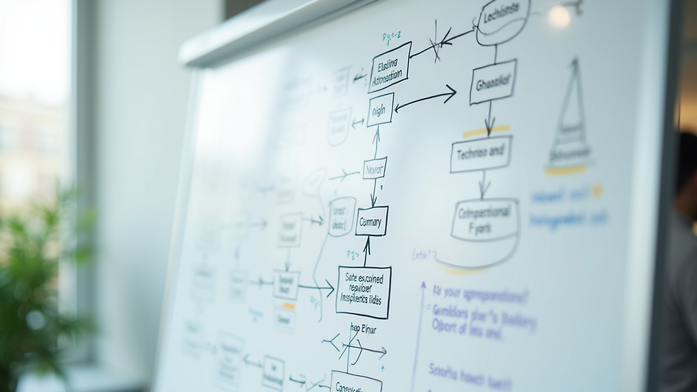 Close-up view of a whiteboard with algorithm flowcharts and notes
